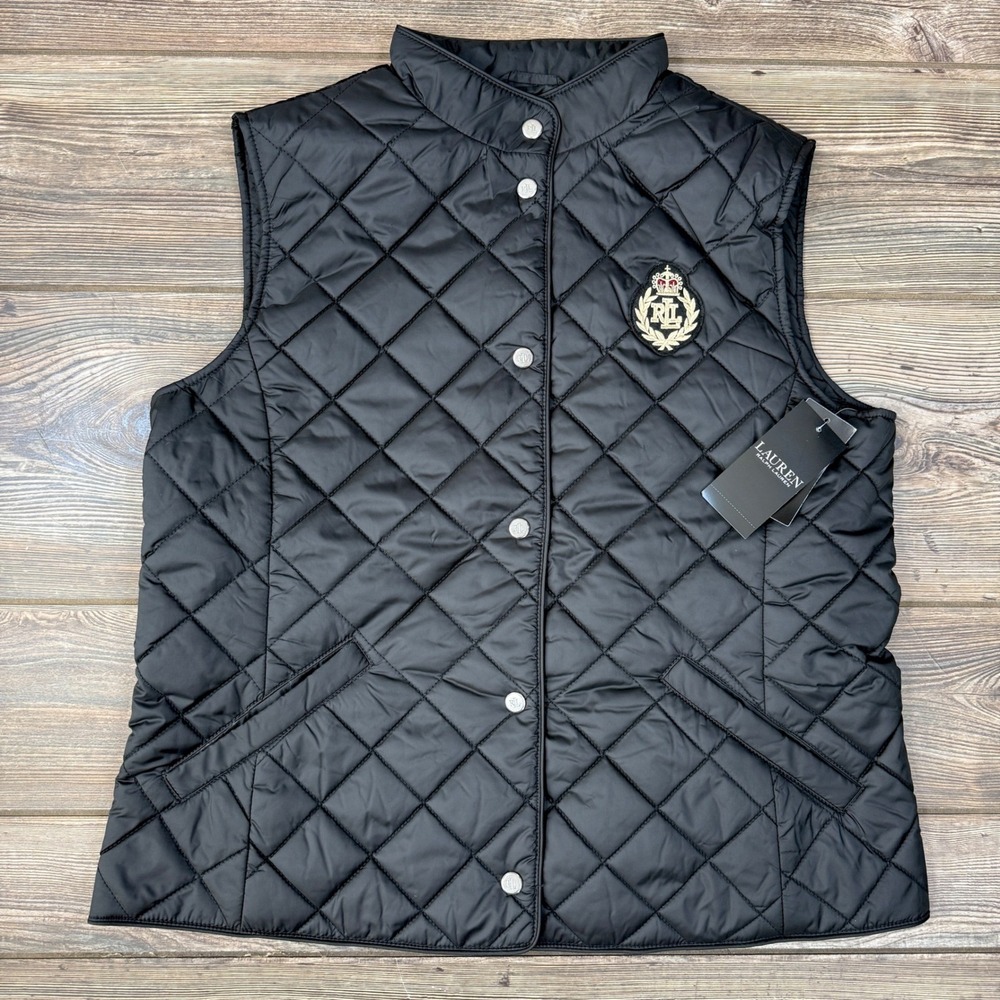 Ralph Lauren Women's Black Quilted Vest Crest Logo Preppy Style Black LARGE NEW - Picture 13 of 14